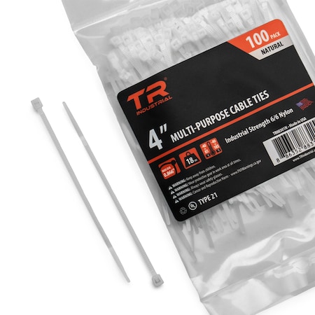 Tr Industrial Cable Tie, 4 in L, Natural, Nylon 6/6, 18 lb Strength, 100 PK TR88301N